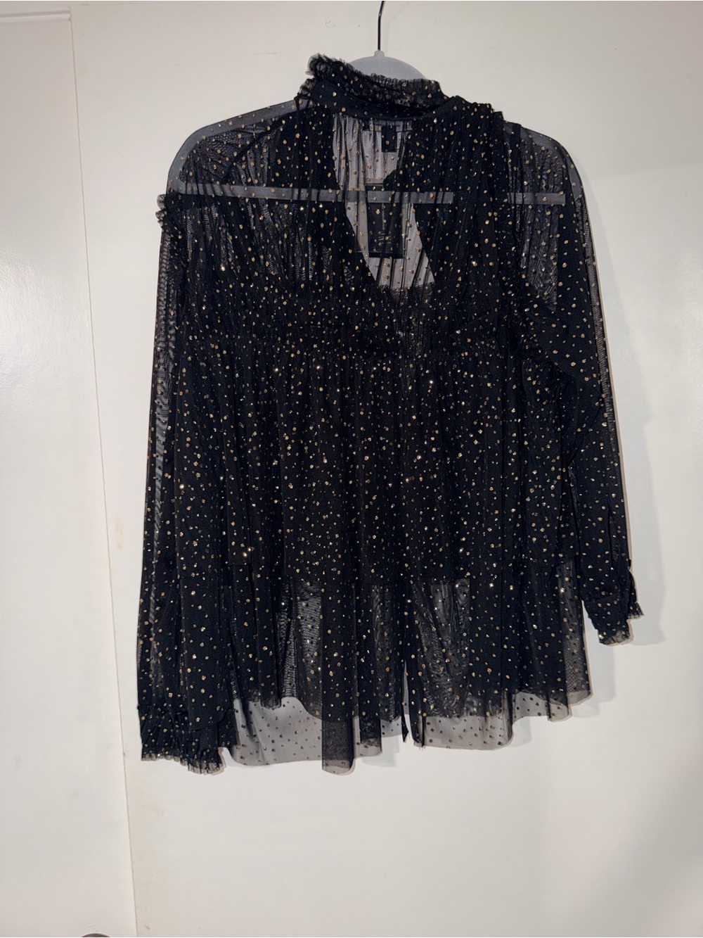 Black Sheer Metallic Dot Long-Sleeve Blouse